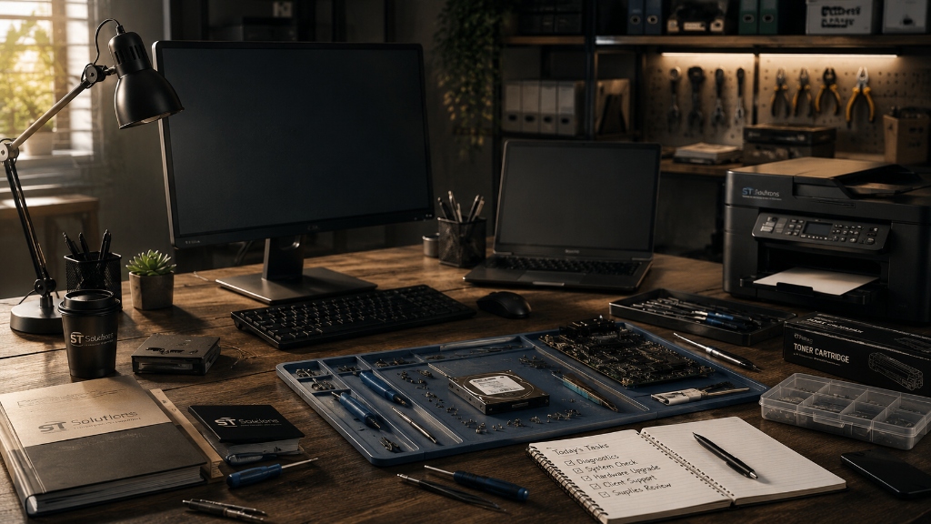 ST Solutions Infotech IT technician workbench with hardware diagnostic stations, precision tools, and testing equipment