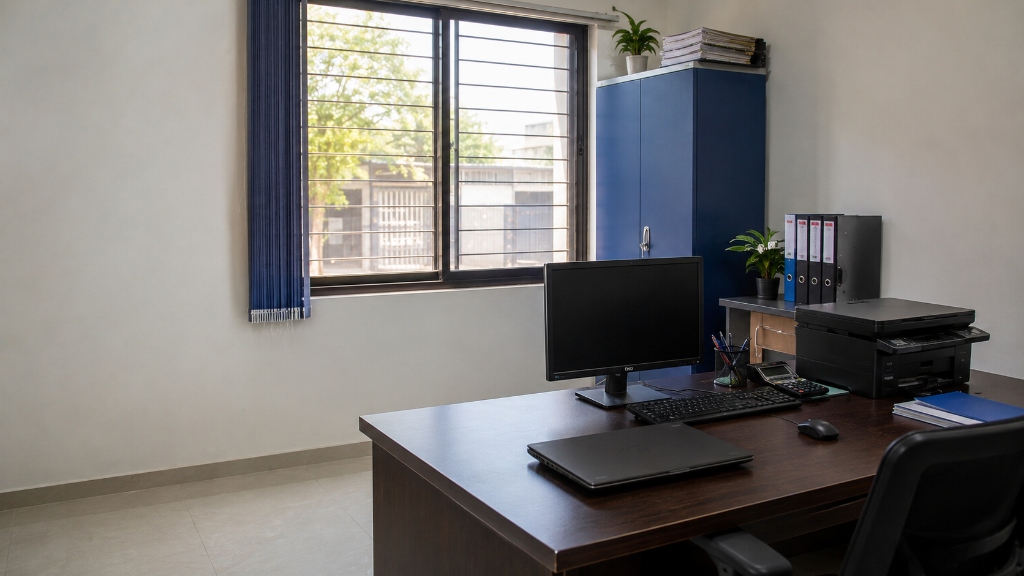 Commercial business manager office desk with laptop, printer, monitor and accounting supplies