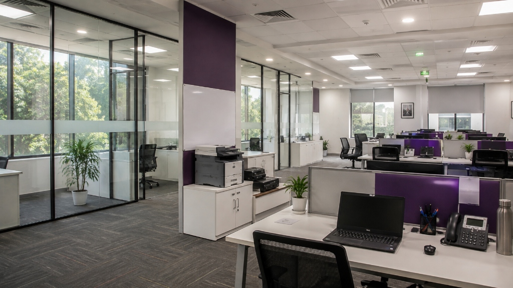 Corporate enterprise open office floor with executive workstations, laptops and glass conference rooms