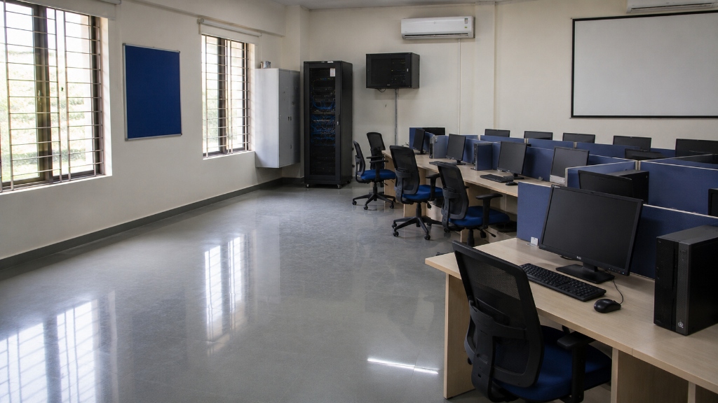 Educational institution campus computer lab with rows of student desktop PCs and network server rack