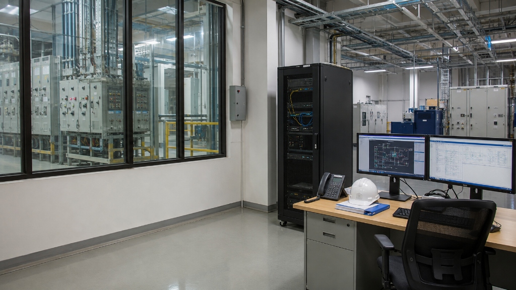 Public Sector Undertaking industrial control room with server racks, dual monitor workstations and safety equipment