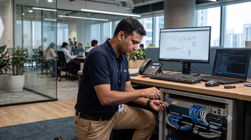 IT support technician configuring network switch and server rack infrastructure